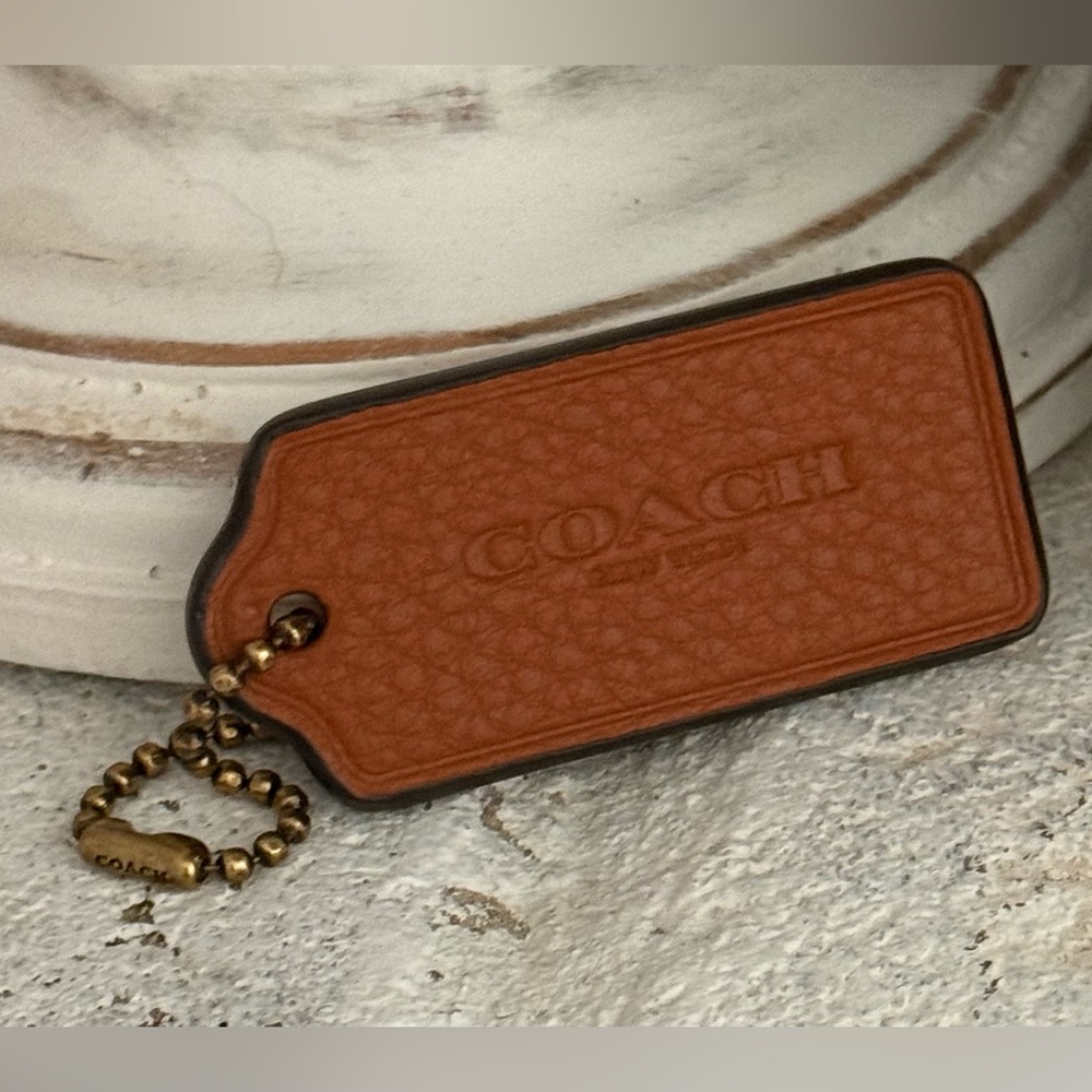 Coach Tan Leather Bag Tag with Gold Chain